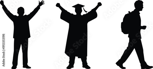 Black Silhouette Set of Male Graduate Wearing Cap and Gown Student with Backpack and Successful Man for Education Achievement Concept