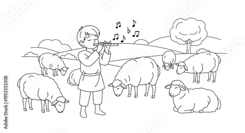 Boy playing flute with sheep nearby.