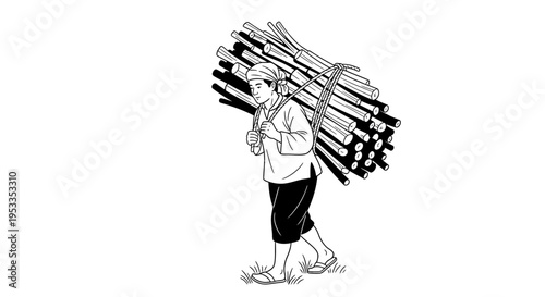 Man carrying a large wood bundle.