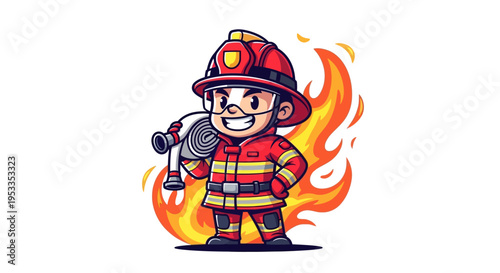 Smiling cartoon fireman in uniform.