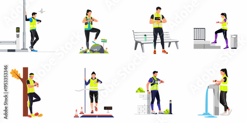 Collection of flat vector illustrations depicting various runners in high-visibility gear using smartwatches to track their performance and health during workouts.