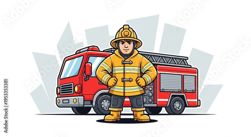 Firefighter standing in front truck.