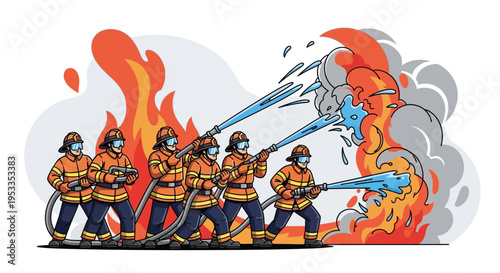 Firefighters in action fighting flames.