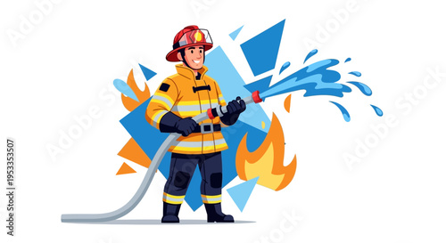 Firefighter in yellow uniform holding hose.