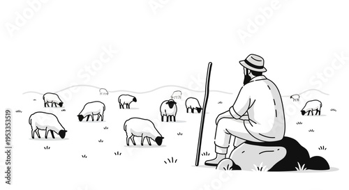 Man sitting with sheep flock outdoors.
