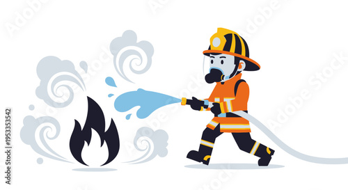 Firefighter spraying water on flames.