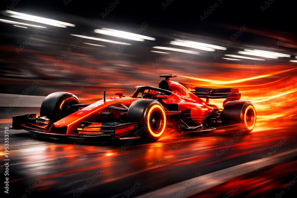 Obraz premium Dynamic Red Formula Race Car Speeding with Fiery Energy on Track