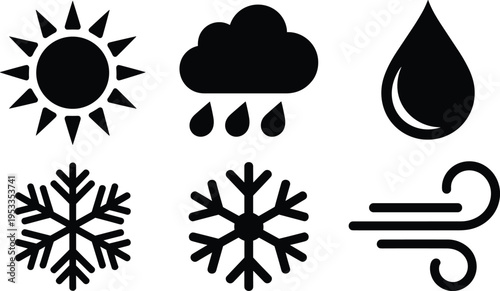 Weather icon set with sun rain cloud water drop snowflakes and wind symbols for climate forecast nature and environmental design