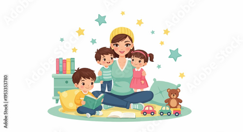Happy mother and kids playing with toys on colorful rug in cozy home environment at night
