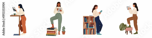 Collection of diverse women using digital tablets and smartphones for education, online learning, and remote work in a minimalist flat illustration style