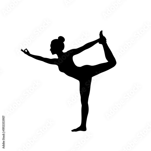 A black silhouette of a woman performing the Natarajasana or Lord of the Dance yoga pose, representing balance, fitness, and spiritual wellness on a plain white background.
