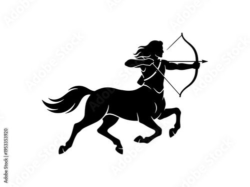 A professional black silhouette of a mythological centaur galloping and aiming a bow and arrow, perfect for fantasy themes, gaming logos, and mascot designs.
