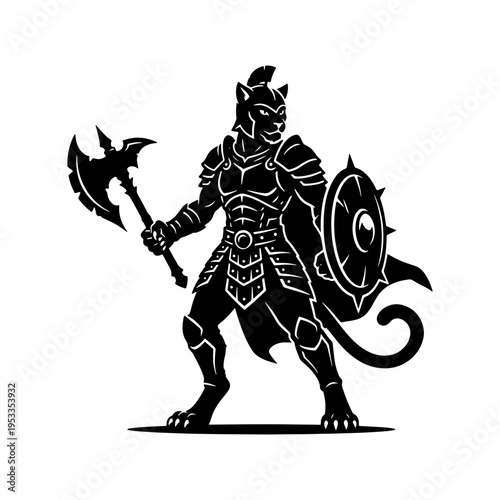 A black and white vector silhouette of a fantasy feline warrior character wearing plate armor and wielding a large double-headed battle axe and round shield.