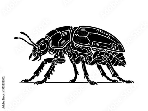 A black and white vector illustration of a robotic beetle, featuring mechanical joints and futuristic circuitry details. Ideal for sci-fi and technology themes.