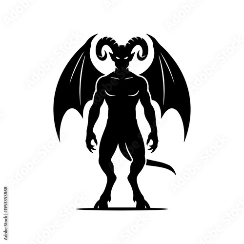 A minimalist black silhouette of a muscular horned devil with leathery bat wings and cloven hooves, suitable for fantasy or horror concepts.