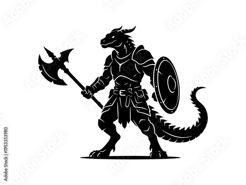 Black silhouette of a powerful lizardman fighter in full plate armor, holding a poleaxe and a round shield. Ideal for tabletop RPG gaming and fantasy adventure concepts.