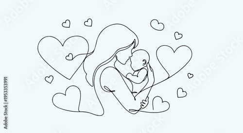 Loving mother hugging child surrounded by floating hearts symbolizing love and affection in a simple line art style on a soft background