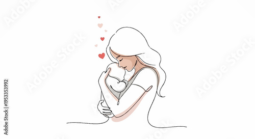 Tender woman hugging herself with love and care peaceful and serene hearts floating around her head
