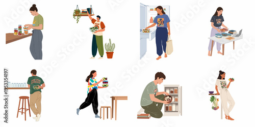 Set of illustrations showing people organizing food, preparing meals, and practicing sustainable storage habits in their kitchens and homes.