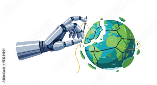 A metallic robotic hand, featuring blue glowing accents, meticulously stitches a fractured green and blue planet Earth with yellow thread.