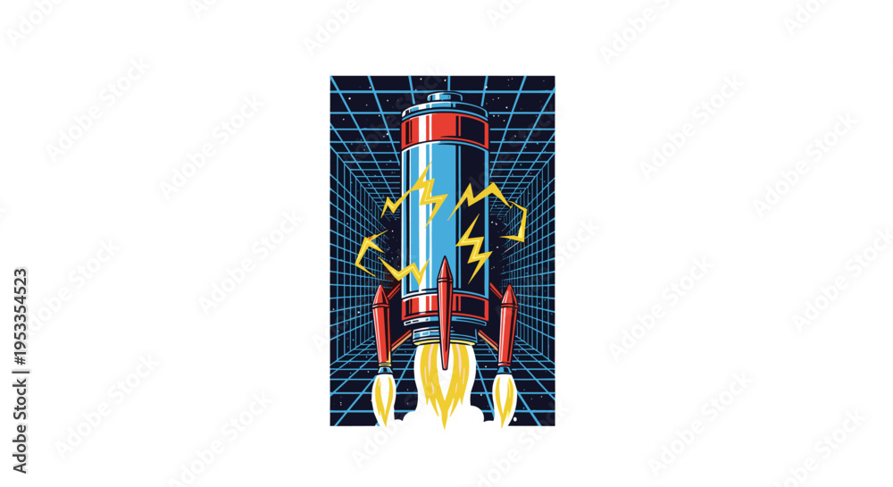 Obraz premium A stylized rocket ship, resembling a battery with lightning bolts, launches upwards against a retro-futuristic grid background.