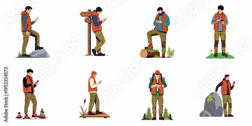 Collection of illustrations featuring men in hiking gear using smartphones in outdoor settings, showcasing modern navigation and connectivity during nature adventures.