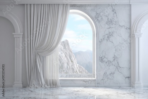 Arched window with white curtains reveals a majestic mountain view.