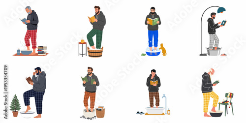 Collection of men in pajamas reading books while soaking their feet in basins, illustrating cozy self-care and relaxation at home.