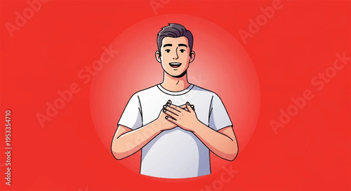 Man with hands on chest expressing gratitude or love on red background with spotlight