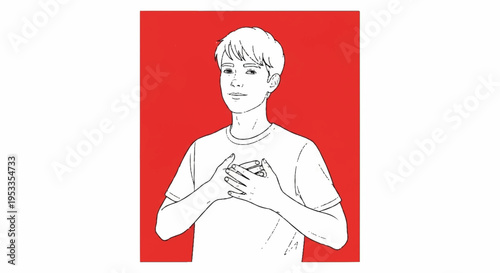 Young man with hands on heart expressing love or affection on red background