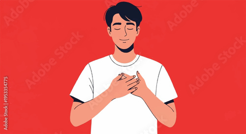 Man with hands on heart expressing love or gratitude standing against a red background feeling emotions