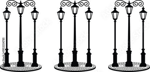 Vintage street lamp silhouette vector set, classic wrought iron lamppost lanterns with cobblestone base pavement