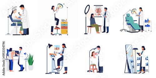 Professional dermatology services, skin analysis, laser treatment, and cosmetic procedures illustrated in flat style.