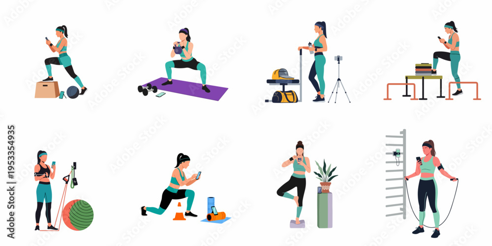 Fototapeta premium Set of flat design illustrations showing women using smartphones and technology while performing various fitness exercises and gym workouts.