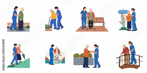 Flat illustration set of a nurse assisting elderly women in various outdoor activities, depicting professional senior care, nursing support, and geriatric health services.