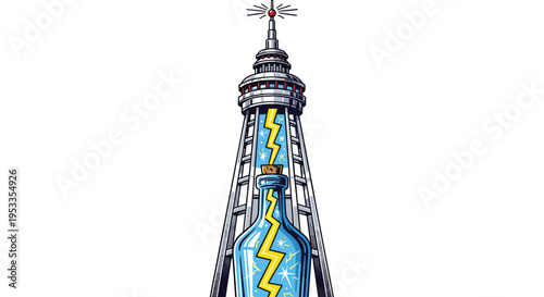 A slender silver tower with a red beacon guides a yellow lightning bolt into a corked blue glass bottle at its base.
