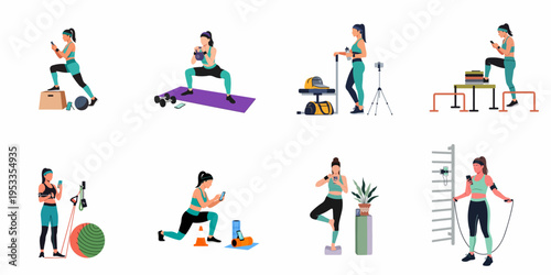 Set of flat design illustrations showing women using smartphones and technology while performing various fitness exercises and gym workouts.