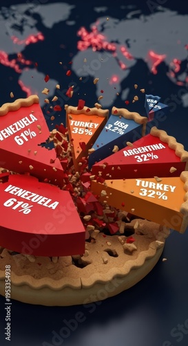 Cracked pie chart representing global data distribution and economic breakdown