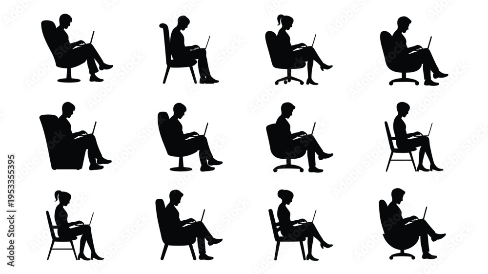 Αυτοκόλλητο Silhouette of people sitting in various chairs with laptops working or relaxing