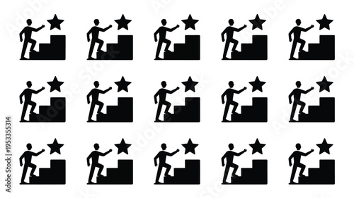Bundle of 12 corporate success silhouettes people climbing stairs to reach star goals business achievement icons