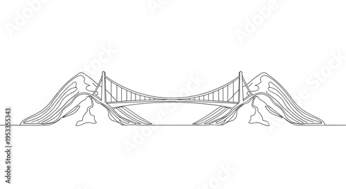 A continuous single grey line artfully sketches a suspension bridge connecting two abstract, undulating mountain peaks on a pristine white background.