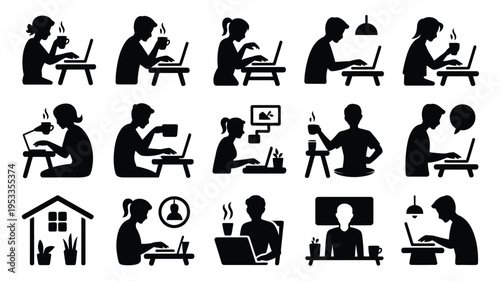 Productivity at home icons set with people working on laptops and computers in various positions and environments