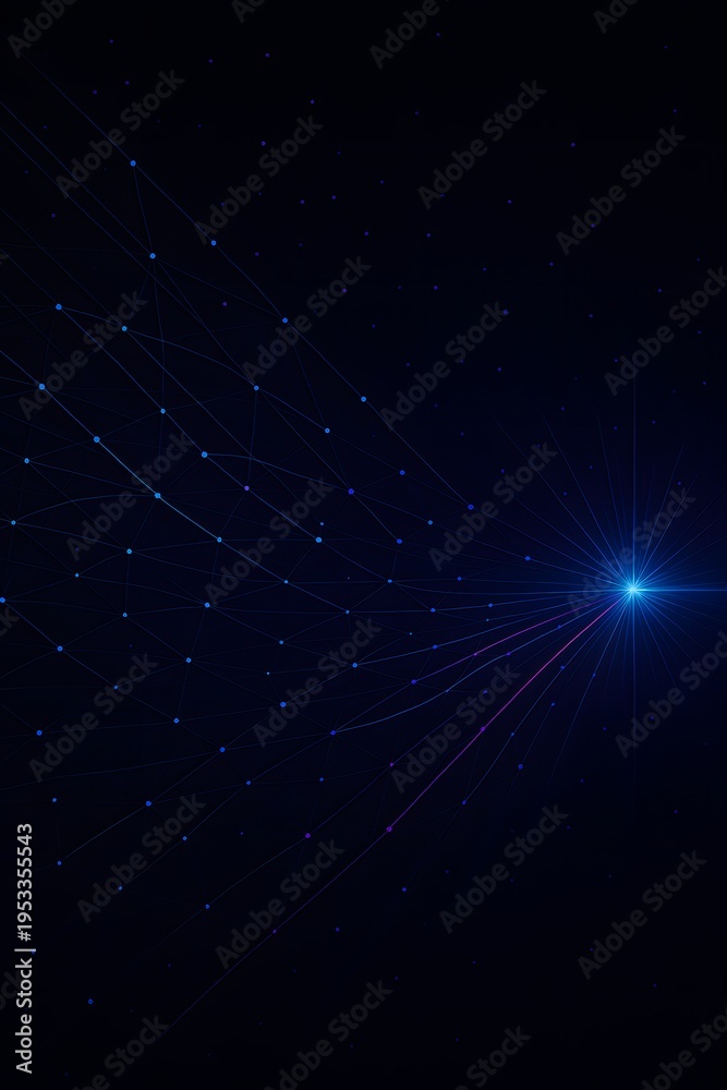 Fototapeta premium Abstract blue network connections converging to bright node on dark background, digital data visualization representing technology infrastructure and communication systems.