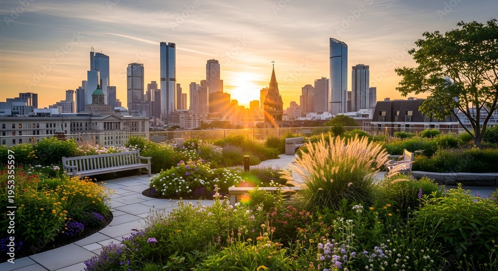 Fototapeta premium Beautiful urban park with curved winding pathways through ornamental gardens and modern city skyline at sunset golden hour creating perfect landscape architecture photography showcasing contemporary u