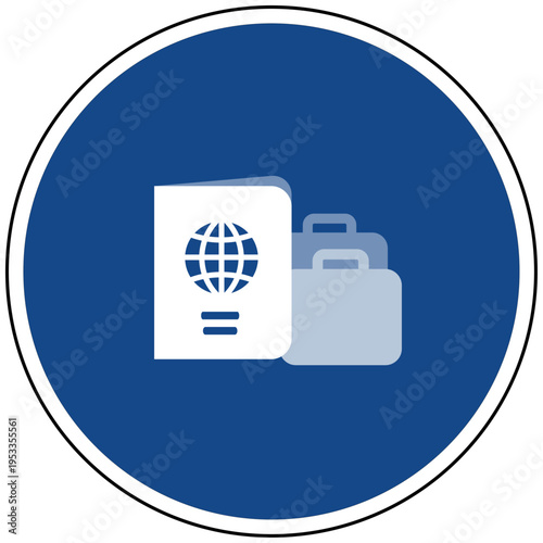 Reisepass und Koffer Symbol blaues Schild Vektor Illustration Icon für Reise Tourismus Urlaub Auslandsreise Zoll Passkontrolle Gepäck Travel