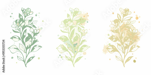 Delicate floral arrangements with watercolor splashes in varying shades