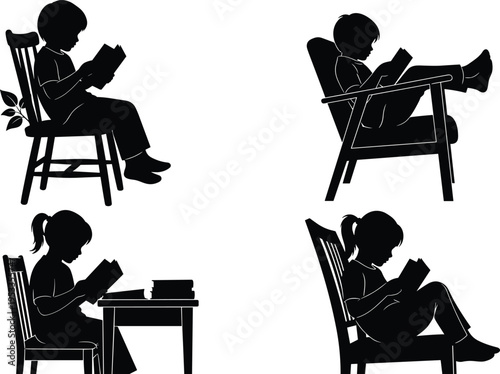Children reading books silhouette vector set, boy and girl studying on chairs, education icons for library, school, literacy, learning, black