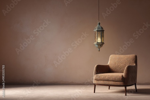 A cozy armchair sits beneath a hanging ornate lantern in a softly lit room.