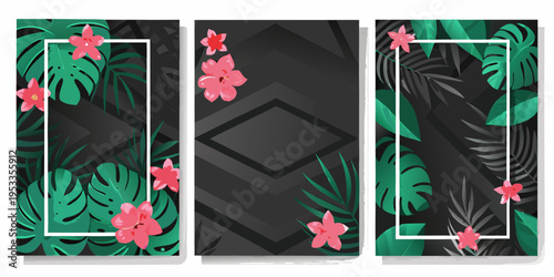 Tropical floral arrangement in a modern geometric triptych design