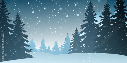 A serene winter landscape featuring snow covered trees and falling snowflakes